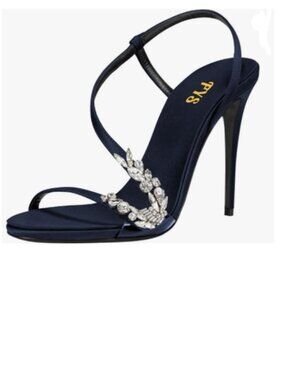 FYS Navy Open Toe Sandals Slip on High Heels Rhinestone Studded Party Shoes